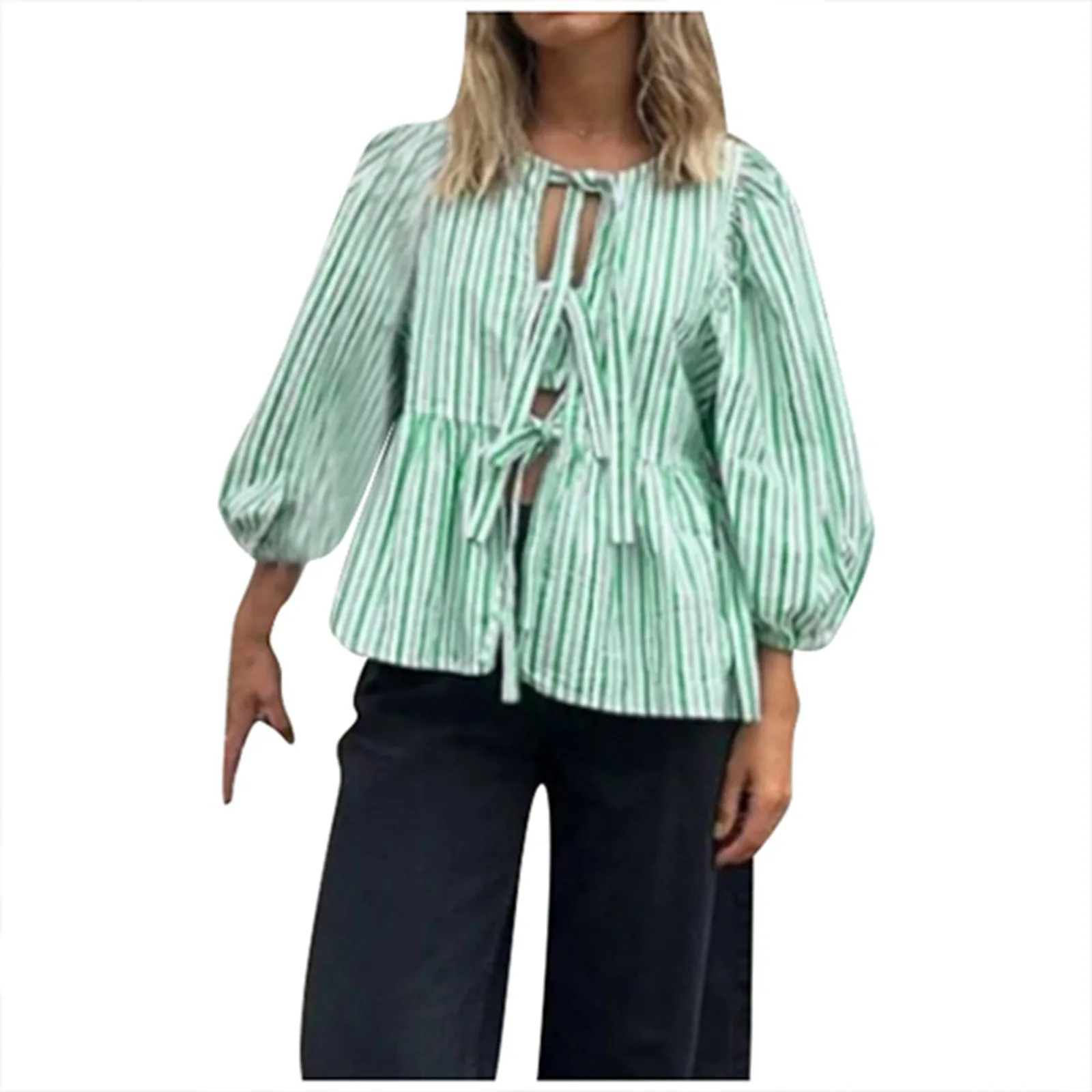 Summer Elegant Blouses For Women 2024 Women Puff Short Sleeve Peplum Shirts Tie Front Ruffle Hem Blusas De Mujer 2024 Tendencia