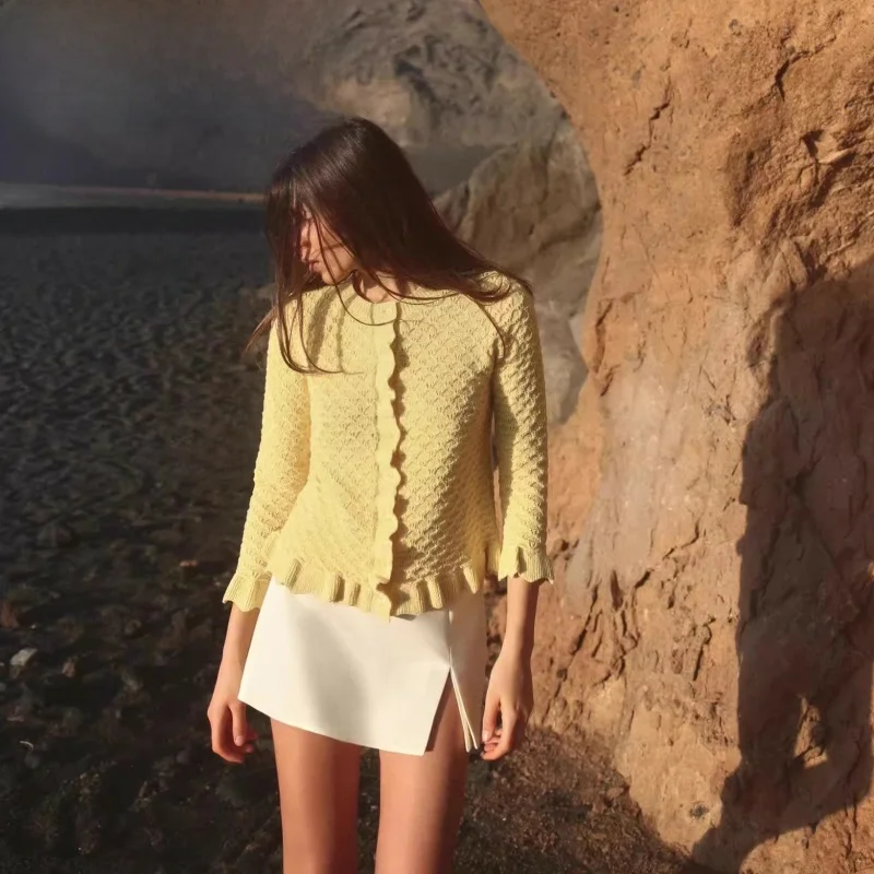 

Summer New Women's Long Sve Knitted Sweater Hollow out round Ne Decorative Layering Embroidery Open Cardigan Loose Fit