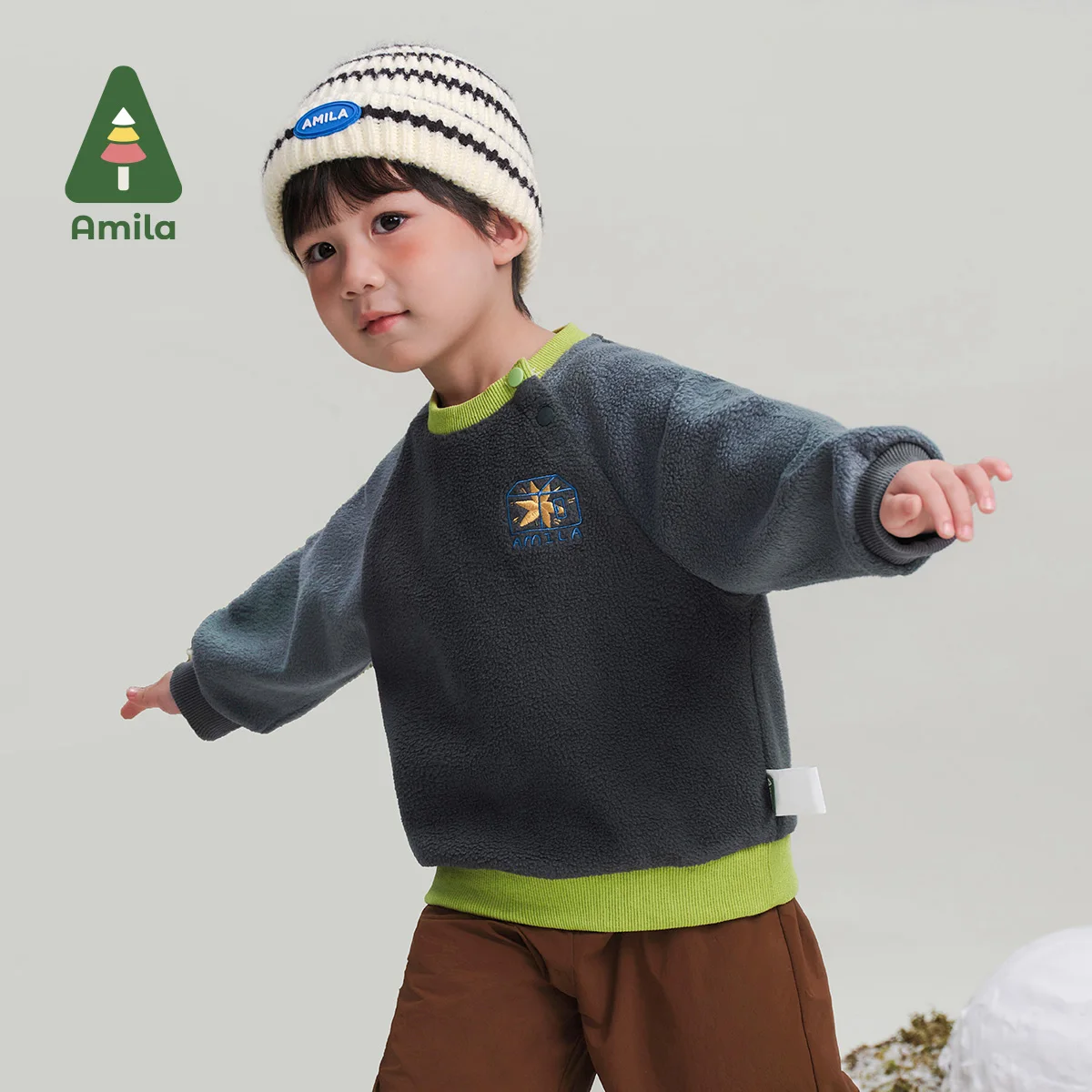 Amila Baby Sweatshirt 2024 Winter New Boys Contrast Color Star Pattern One-Piece Velvet Warm Loose Casual Children\'s Pullover