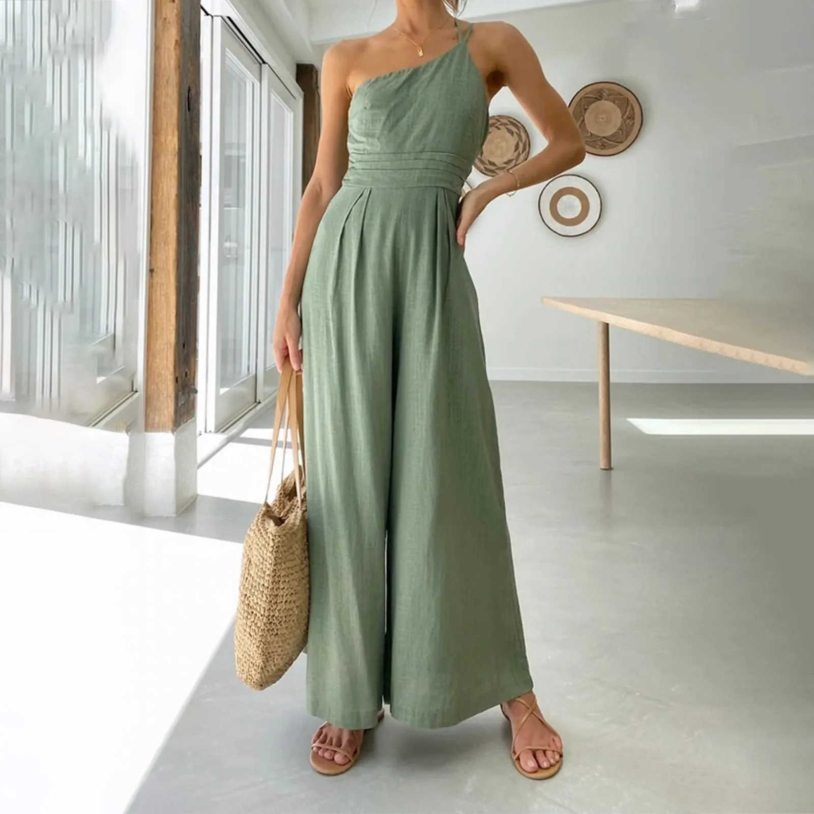 Hot Sale One Shoulder Cotton Elegant Party Dresses For Women 2023 Jumpsuit Backless Wide Leg Trousers Formal Occasion Dresses