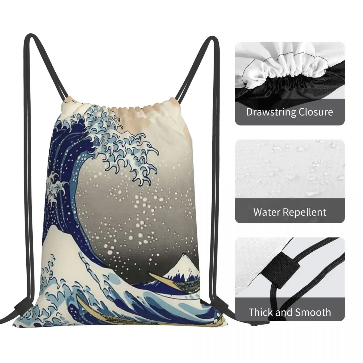 'The Great Wave Off Kanagawa' By Katsushika Hokusai Backpacks Drawstring Bags Drawstring Bundle Pocket Sports Bag BookBag