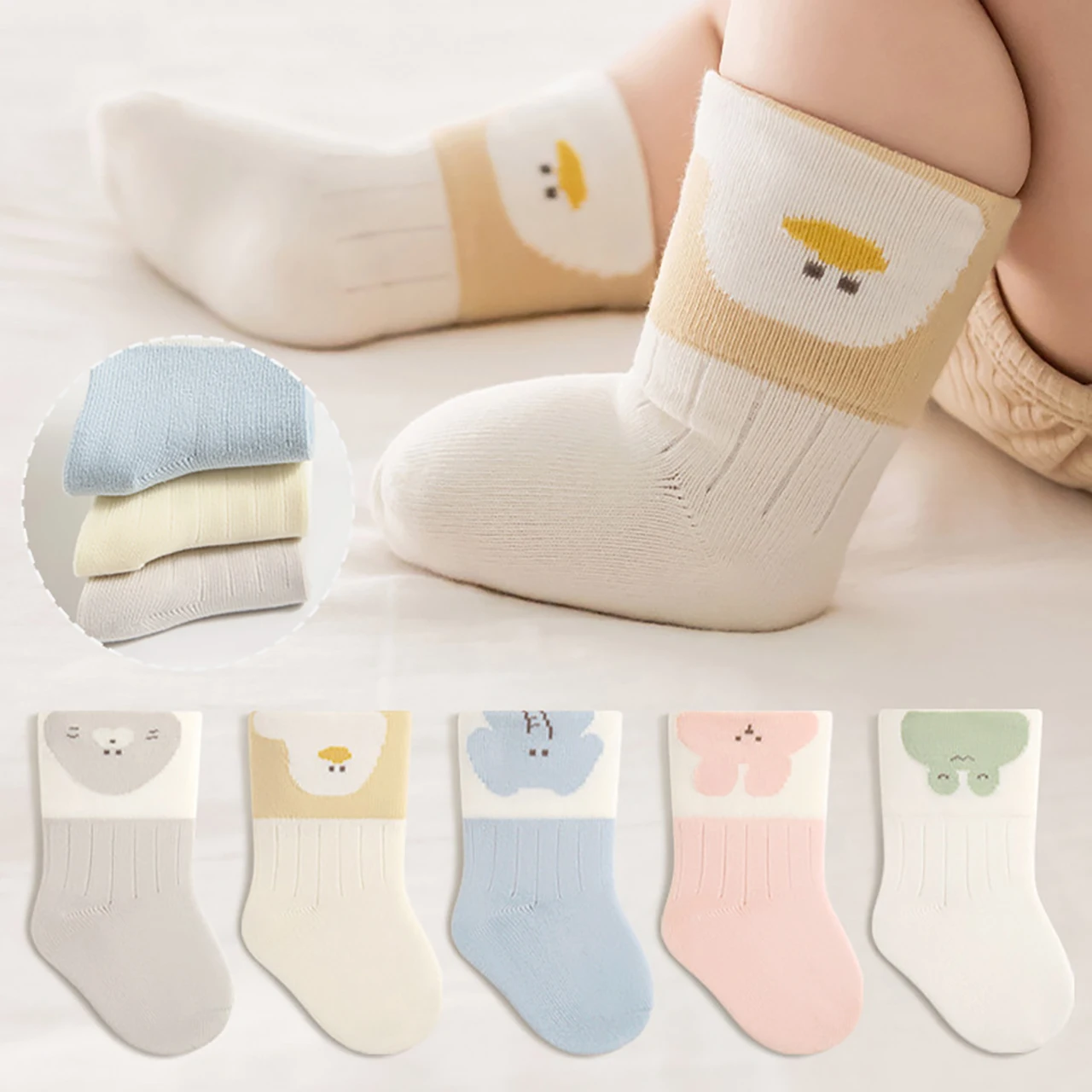 5Pairs Spring Autumn Baby Cotton Socks Sweat Absorbing Breathable Loose-fit Kids Mid-calf Sock Seamless Toddler Footwear 0-3Year