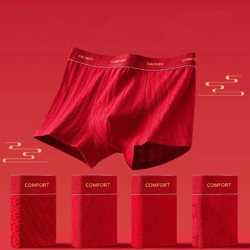 Fashion Male Underpants Good Luck Red Underwear for Men Elastic Cotton Boxer Briefs Breathable Comfortabler Panties Boxer Shorts
