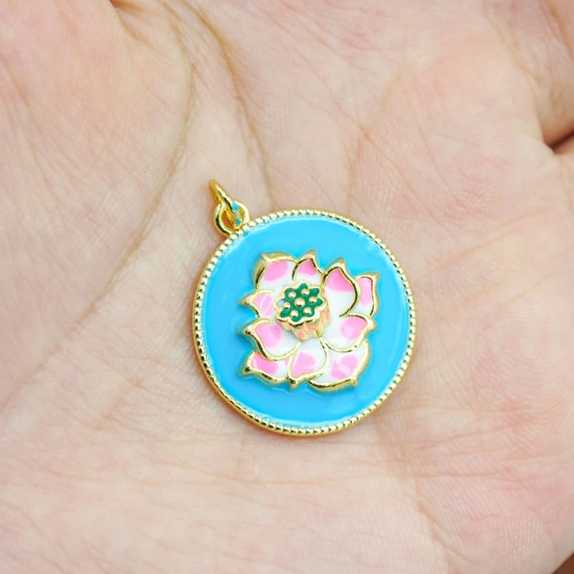 

2Pcs Copper Pendant Enamel Buddhism Lotus Coin Shape Flower Round Gold Color Approx 21.2x27.8mm Jewelry Special Gift