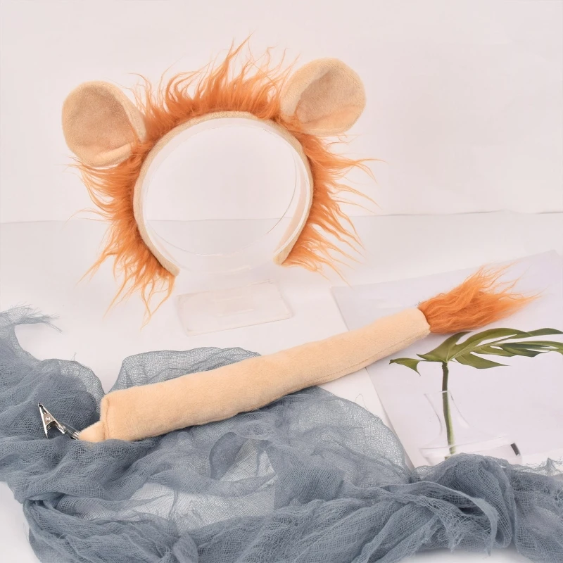 1SET Lion Costume Set Ears Headband Tail Plush Animal Fancy Costume Kit Accessories for Kids Halloween Cosplay Accessories image 6