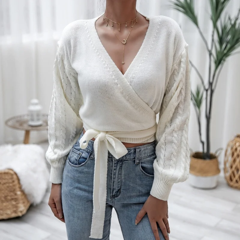 

Autumn Winter Women's V Neck Solid Color Twist Lantern Long Sleeve Lace Waist Knit Sweater For Ladies Chic Tops