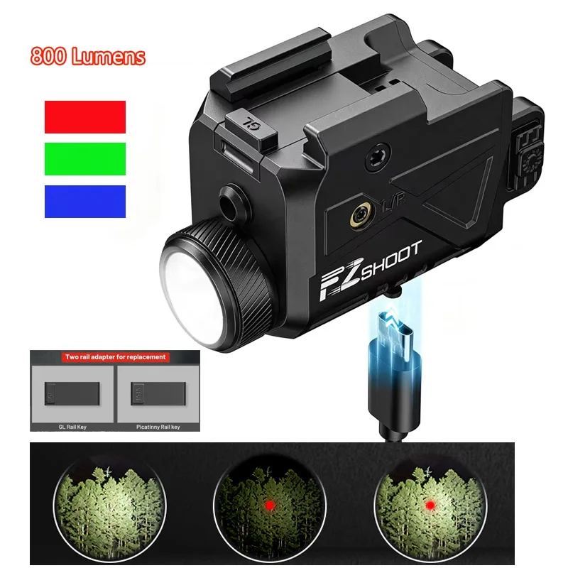 

Перезаряжаемый светодиодный фонарь для охоты 800 люмен с красным/синим/зеленым лучом, совместимый с G-lock и планкой Пикатинни