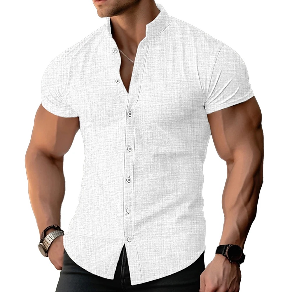 남성용 밴드 칼라 블라우스 단추 다운 셔츠, 캐주얼 편안한 피트니스 근육 폴리에스테르 정사이즈 셔츠, 1 PC