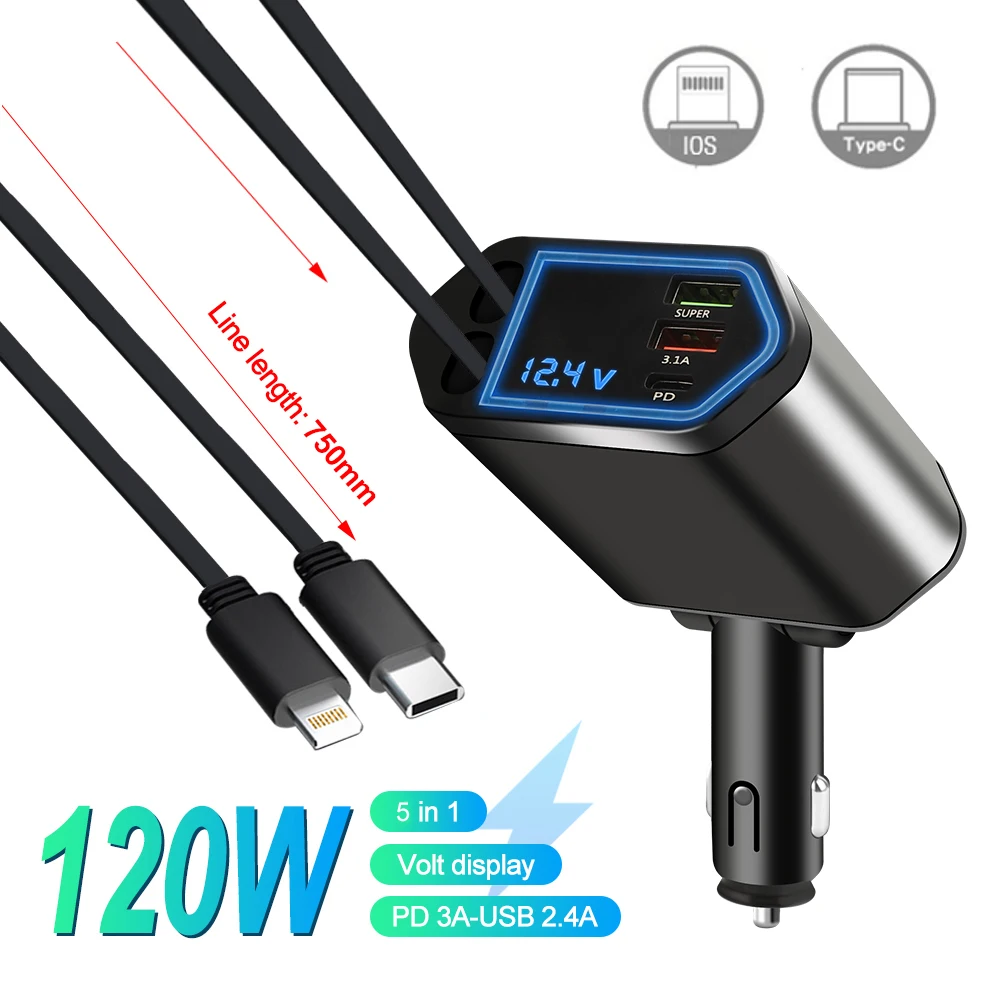 

120W 5 In 1 Retractable Car Charger USB C Cable 3 Ports with Retractable Cords with Volt Display For IPhone Huawei Samsung