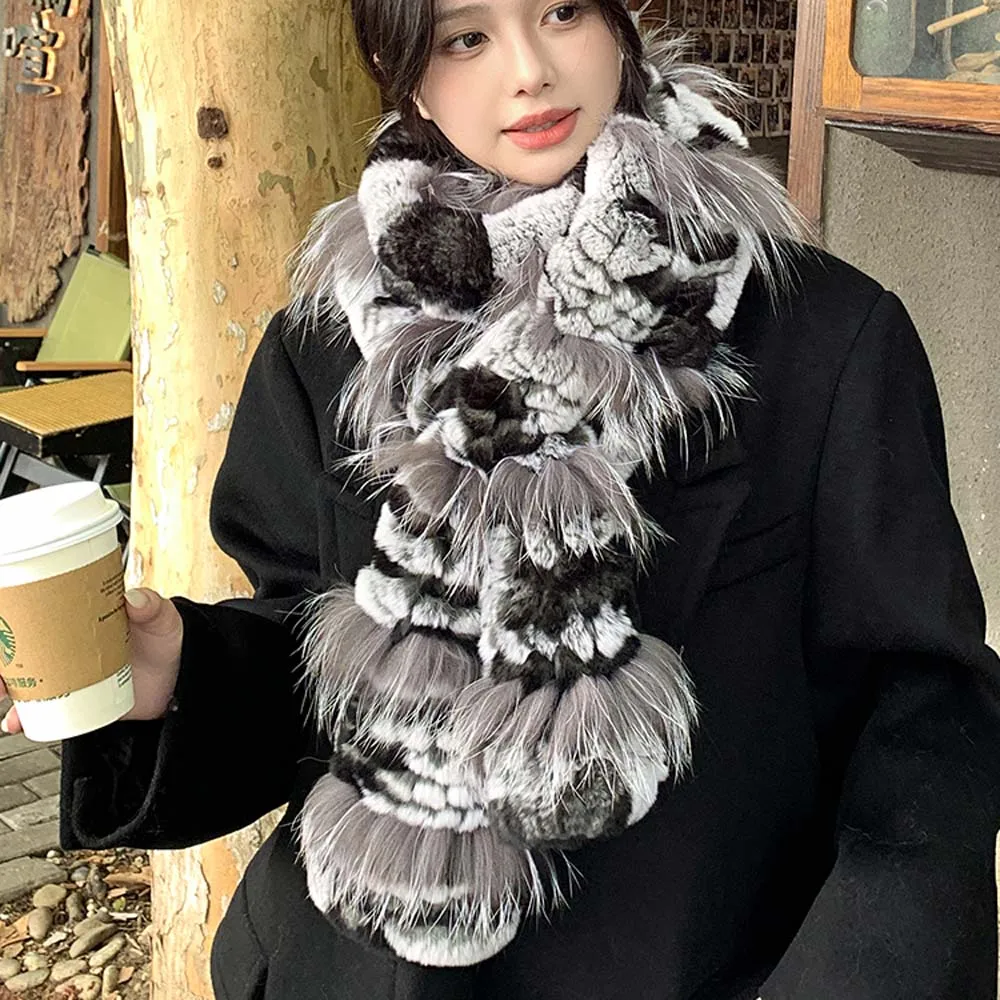 

Женский шарф из натурального меха кролика рекс, толстый теплый зимний длинный шарф из натурального меха, женский теплый шарф из лисьего меха
