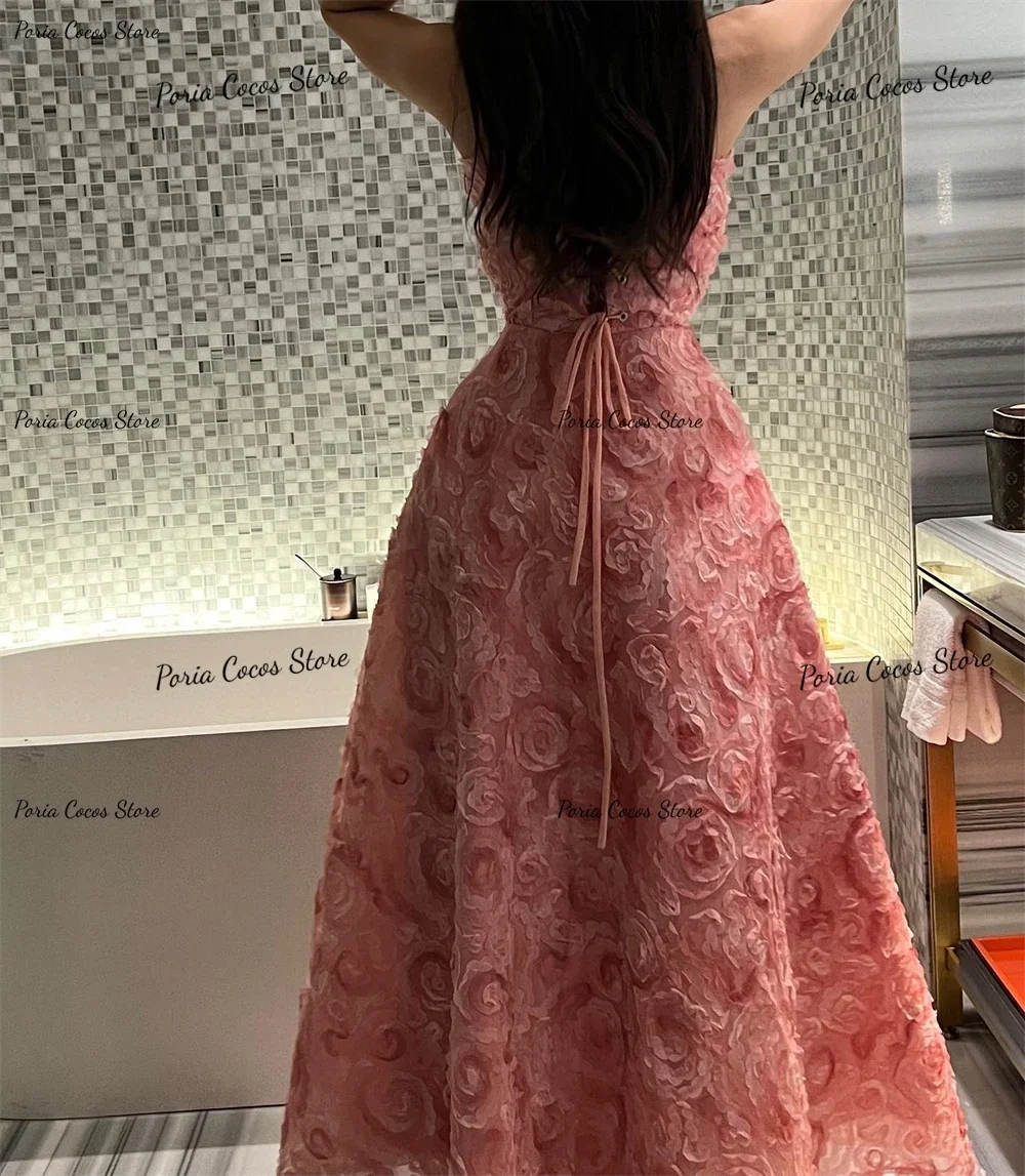 Customized Women 2023 New 3D Roseleaf Prom Dress Strapless Evening Dresses Square Neck Lace UP Party فساتين للحفلات الراقصة