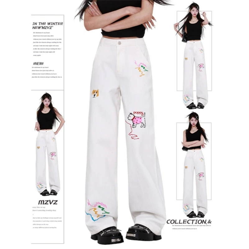 

White Embroidery Y2K Blue Women's Jeans Vintage Streetwear Wide Leg Pants Baggy Harajuku American Straight Denim Trouser