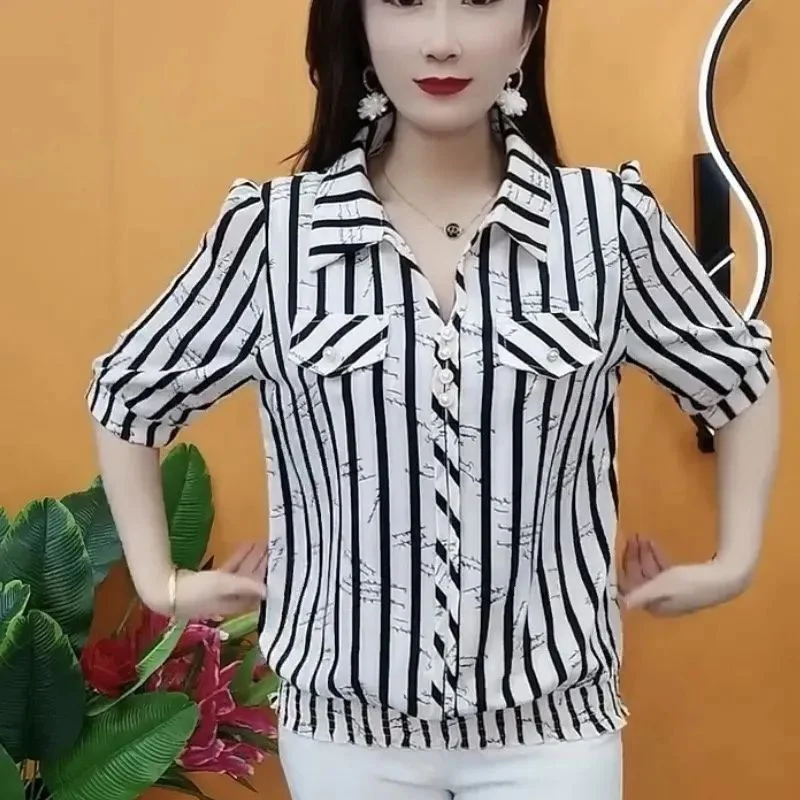 

Женские свободные повседневные тонкие стильные универсальные пуловеры на пуговицах, новая летняя модная полосатая рубашка с коротким рукавом и воротником-поло