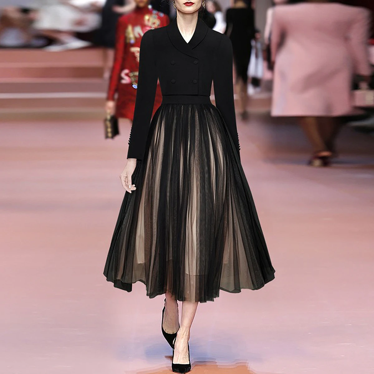 

Spring And Autumn New Style Socialite Fashionable Commuting Green Fruit Collar Long Sleeved Women's Top+Mesh Pleated Skirt Set
