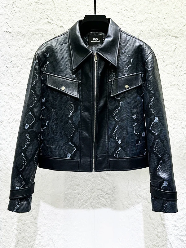 American Style Retro Trendy Snake Skin Pattern Jackets Men's 2025 Autumn New Personality Design Splicing Leather PU Short Coats