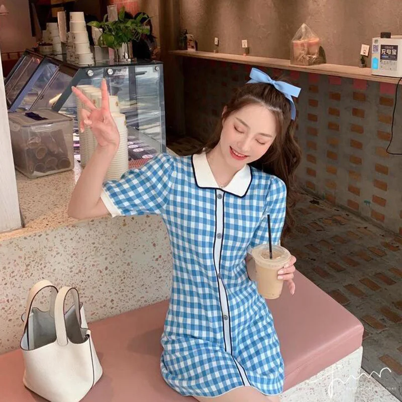 2023 New Summer Temperament Plaid Knitting Polo-Neck Short Sleeve Casual Dresses Women Clothes Sweet Buttons Pullover Dresses