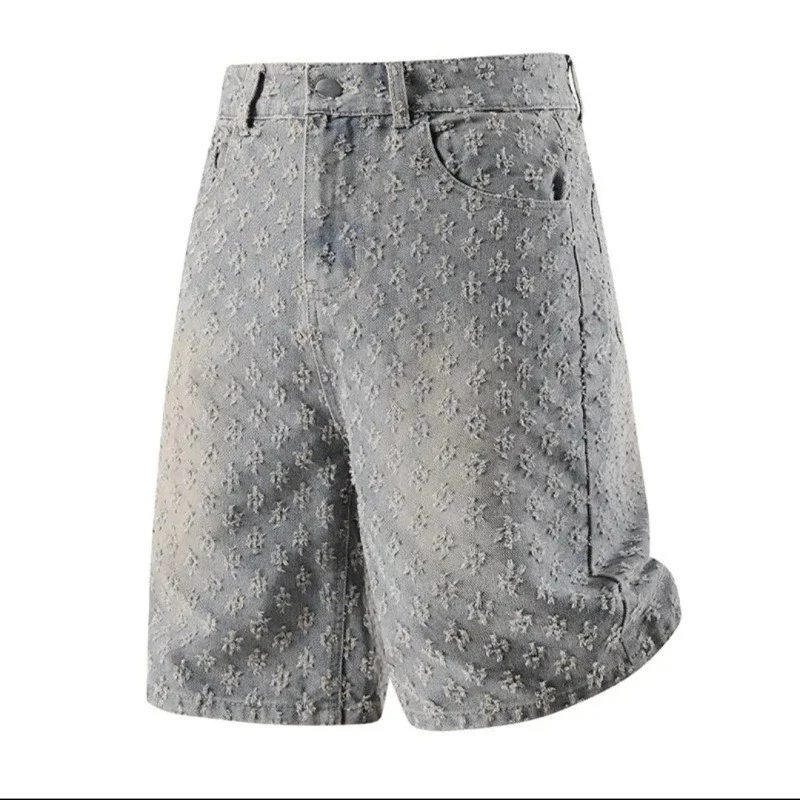 Men American Vintage Denim Short Pants Male Summer Lightweight Jacquard Design Jeans Youth Popular Loose Straight Shorts