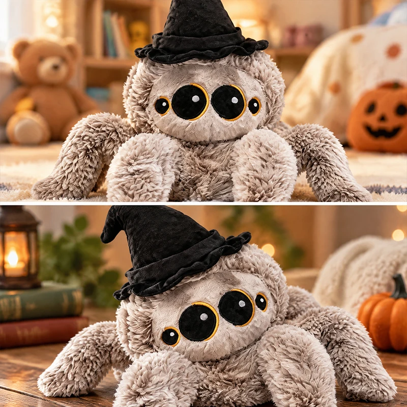 Halloween Spider Plush Toy Cute Jumping Spider Stuffed Animal Doll with Wizard Hat Soft Fluffy Kids Holiday Gift