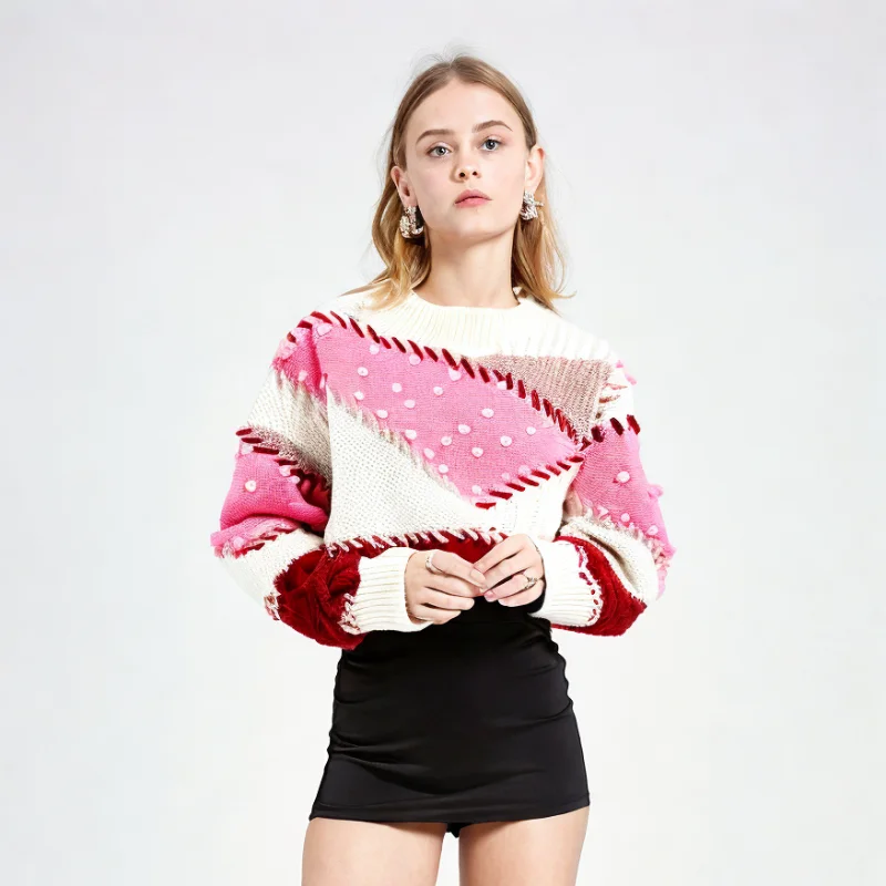 Crew Neck Color Block Sweater Pink Knit Pullover Long Sleeve Jumpers Knitwear Tops 2024 Autumn/Winter New in Woman Clothing