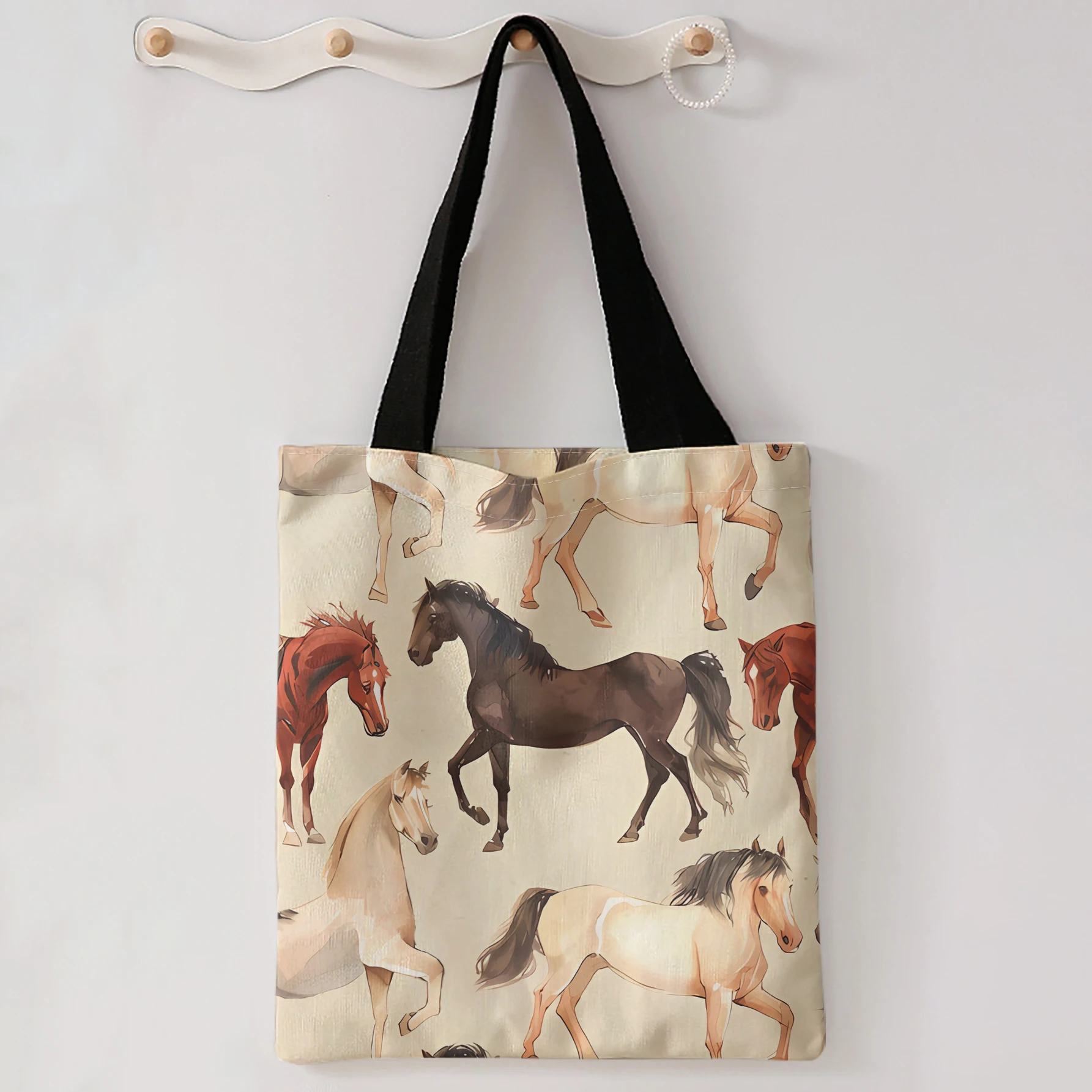 Watercolor Multi Color Horse Herd Print Tote Bag Large Capacity Shoulder Bag For Shopping Travel Daily Use