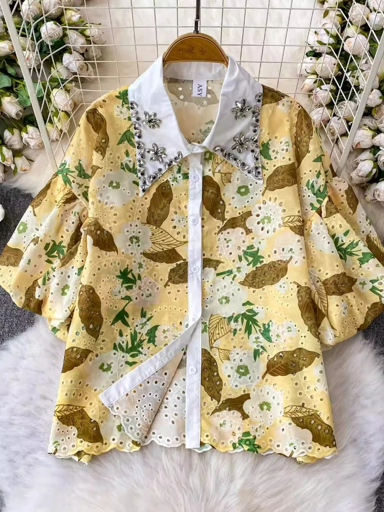 

Rhinestone Splicing Shirt Vintage Elegant Short Sleeve Hollow Out Button Print Blouse Fashion Casual Chic Fairy Summer Women Top