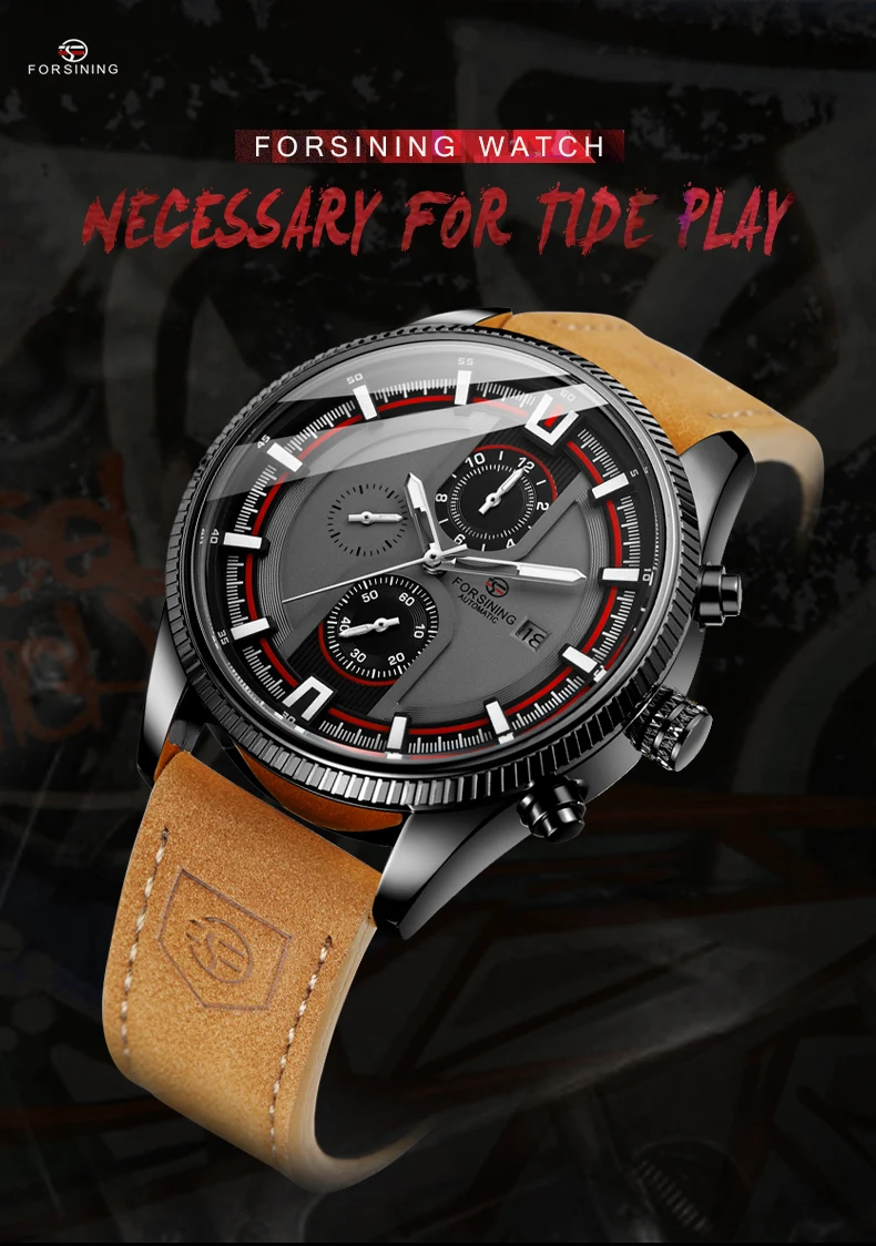 FORSINING Formal Dress Three Dial Watches For Men Automatic Mechanical Calendar Luminous Waterproof Leather Business Male Clock