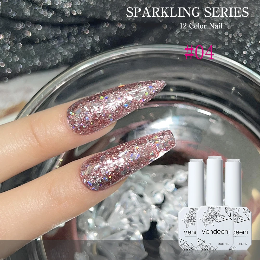 Vendeeni 12 لون/مجموعة بريق الترتر هلام طلاء الأظافر UV LED فلاش كسر الماس مانيكير مسمار الورنيش مع بطاقة اللون 12 مللي