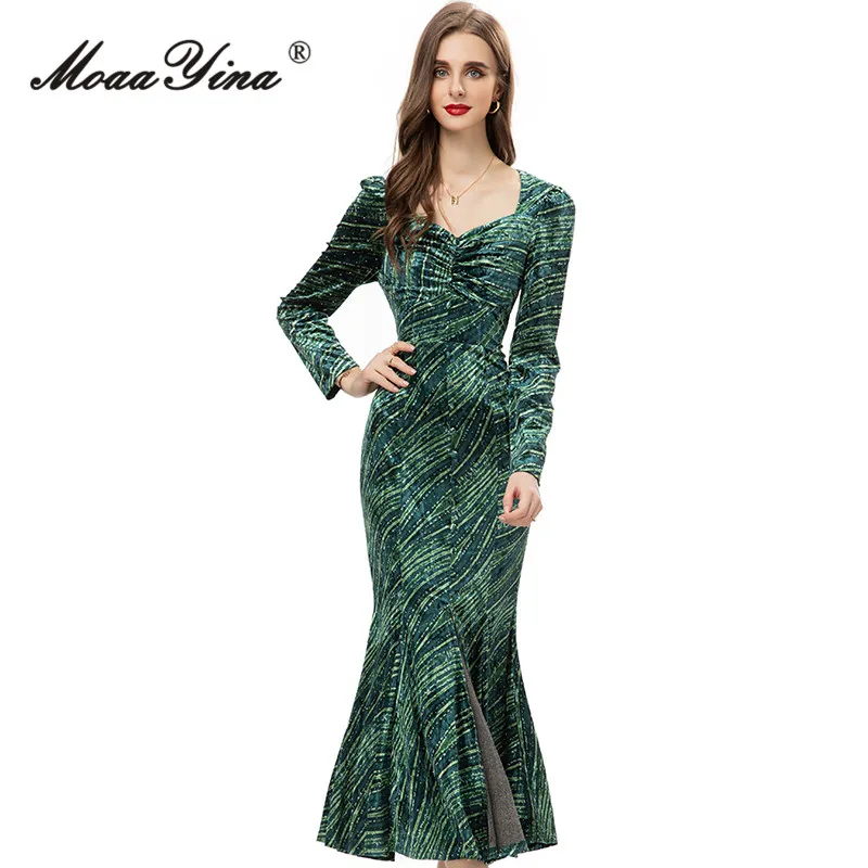 

MoaaYina Autumn Fashion Designer Vintage Print Mermaid Dress Women's Square Collar Diamond Package Buttocks Slit Slim Long Dress