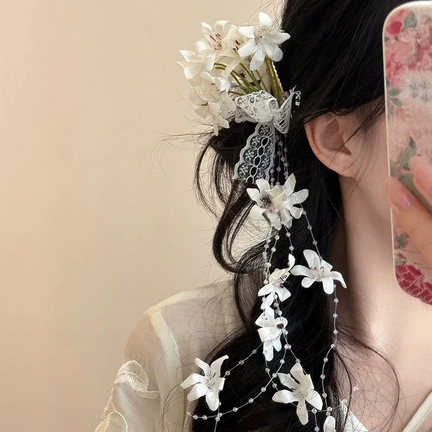 White/Pink Flower Hairpins Artificial Floral/Beads Tassel Pendant Headband Bride Wedding Charming Headdress Fashion Hair Jewelry