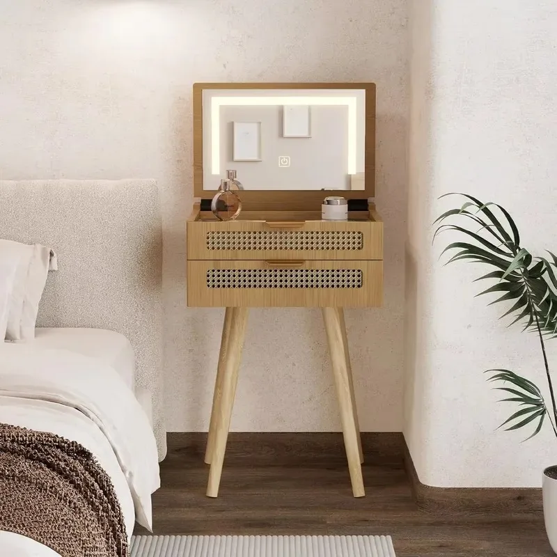 for Small wooden vanity with illuminated mirror and 3 adjustable mirrors, narrow design, suitable for small spaces, suitable