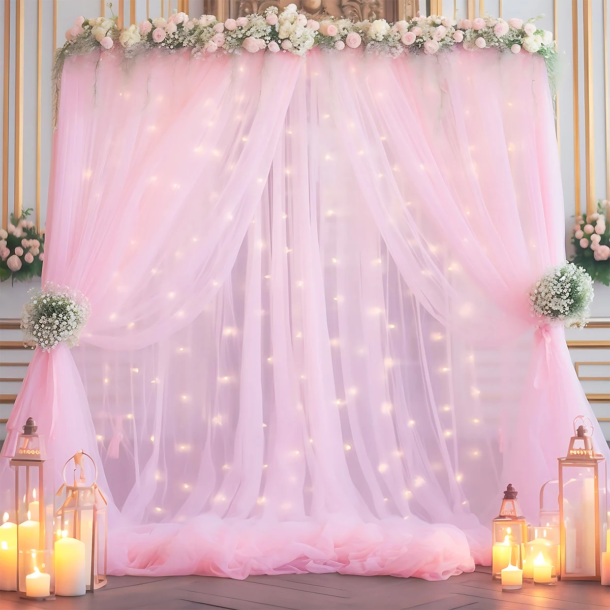 2x1.5m Pink Tulle Background Curtains Off White Curtains with String Lights Wedding Baby Shower Birthday Party Photo Shoot Decor