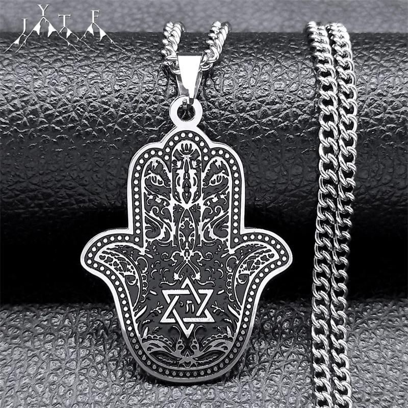 Jerusalem Hamsa 손 파티마 목걸이, 마겐 다윗의 별, 스테인리스 스틸 실버 컬러, 유대인 긴 목걸이, 쥬얼리 N7517S05