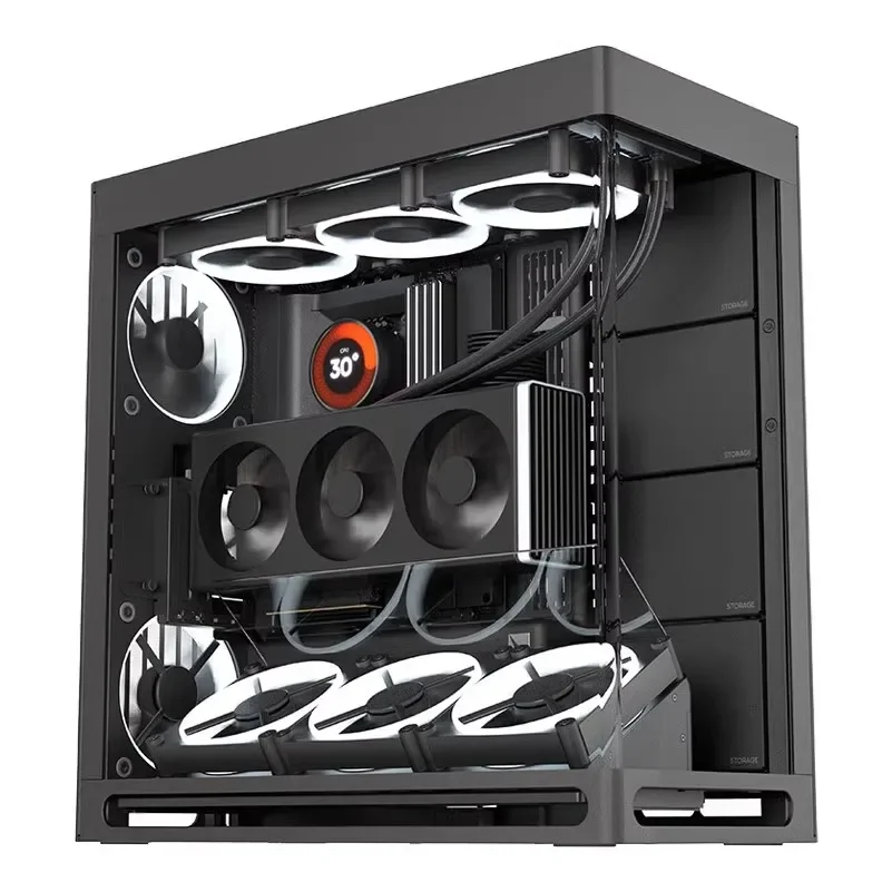 

Curved glass 420mm water-cooled row VGPU sea view room chassis middle tower dust-proof