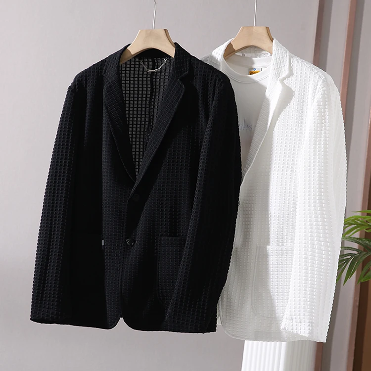 

Lightweight High Elastic 3D Emed Men's Suit Jaet Faionable Spring Summer Busin Casual Pure Color Flat Collar