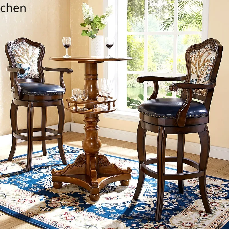 HT  bar chair high stool household solid wood bar chair retro rotating back chair