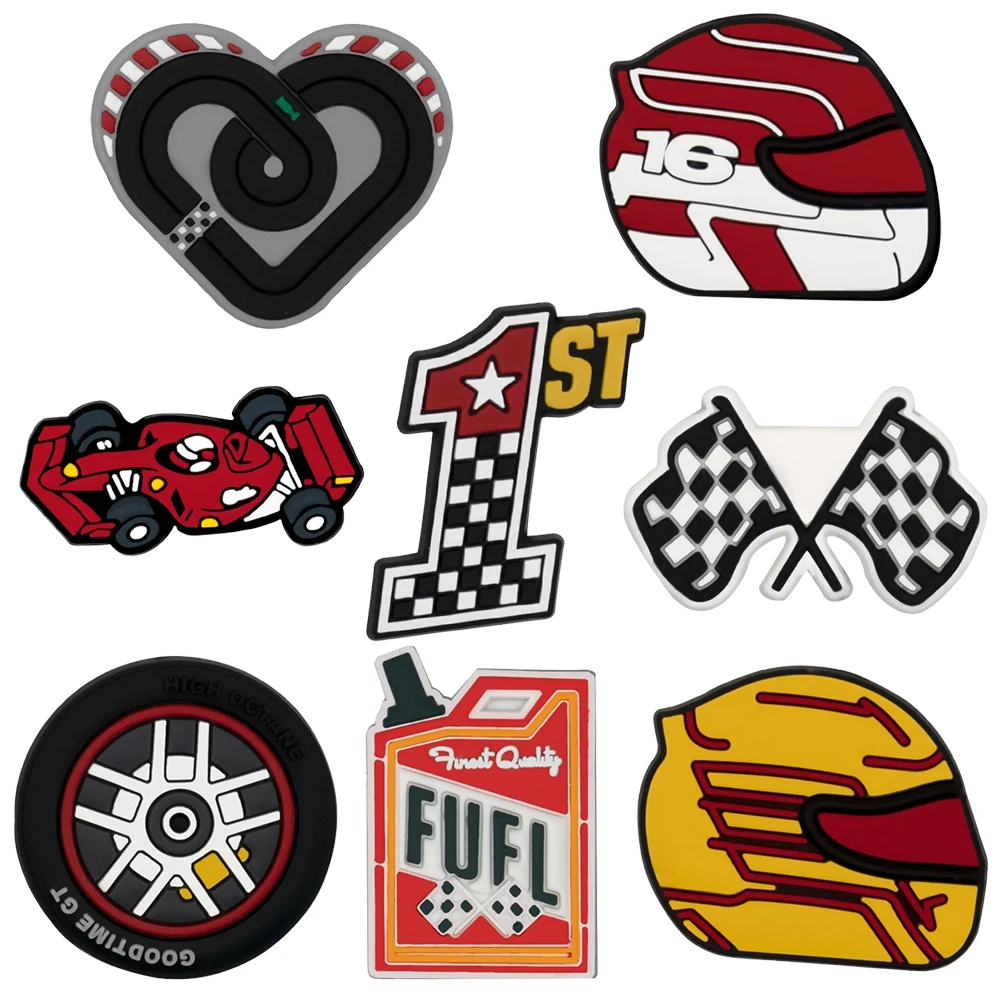 8pcs racing sports PVC shoe charm set checkered flag helmet tire and fuel decoration, DIY detachable suitable for Cross Kid Gift