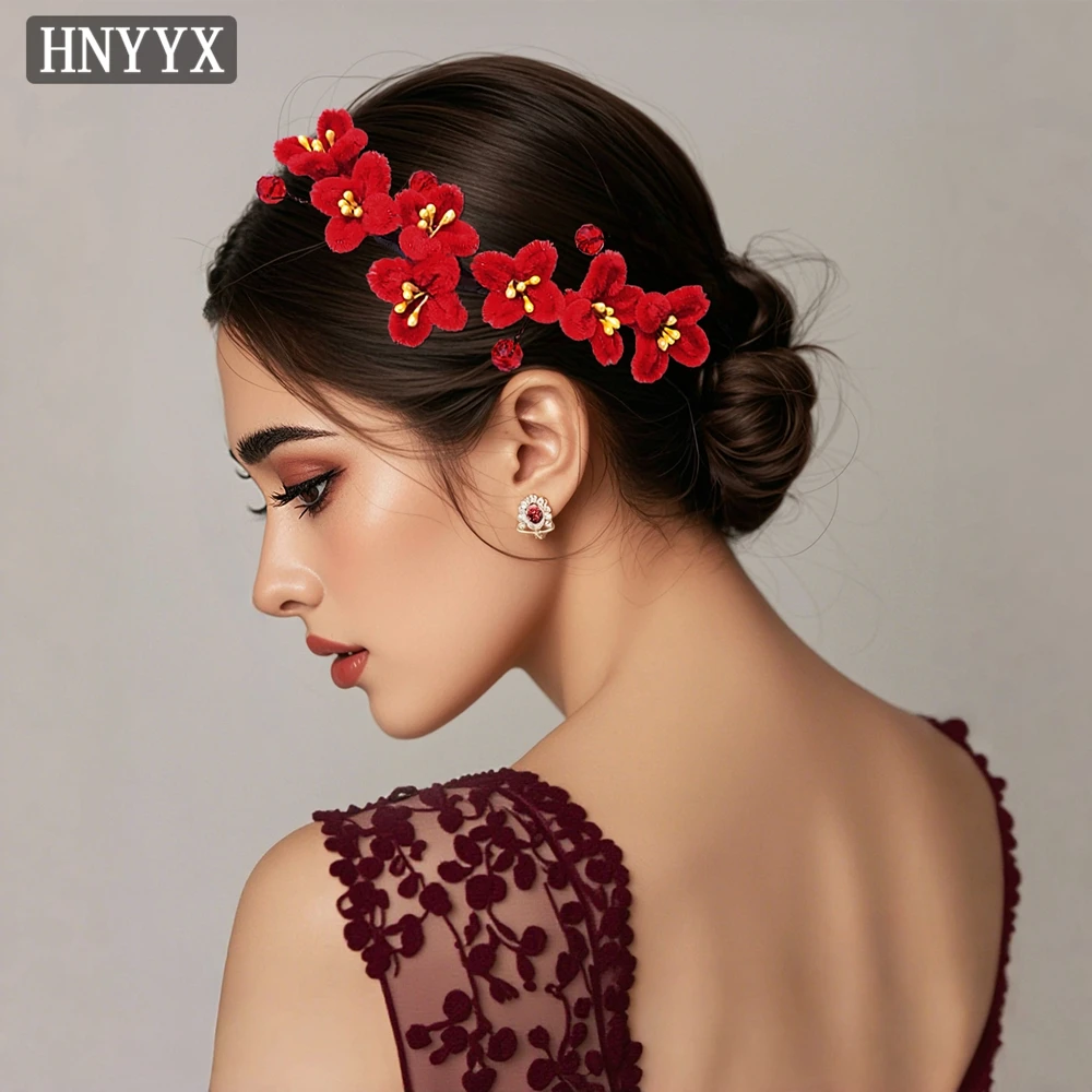 

HNYYX Chinese Wedding Headdress Red 3D Flowers Headpiece Elegant Bridal Headwear Handmade Trendy Hair Accessories A394