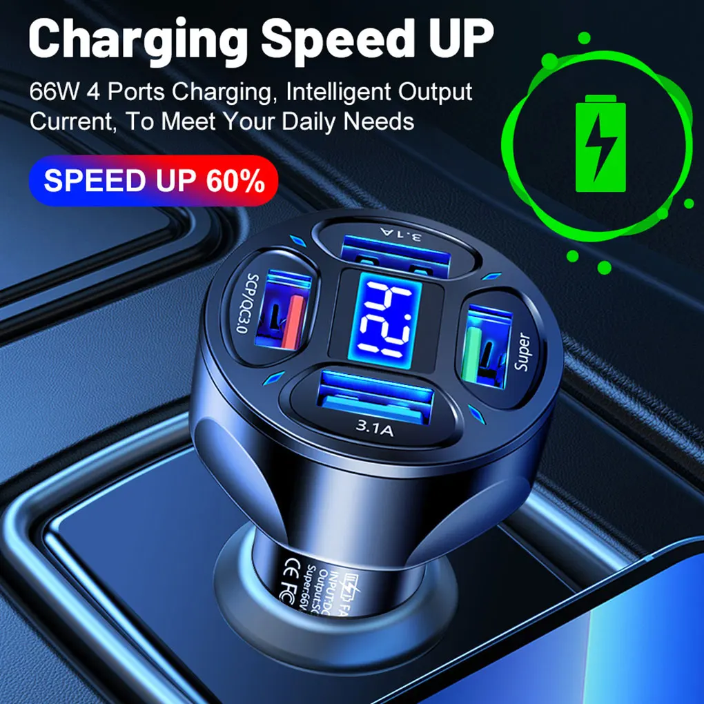 Fast Charging Car Charger With 4 USB Ports For Phone 4-in-1 Car Charger Has Multiple Protection