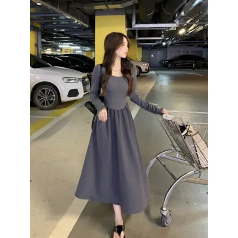 

2023 Autumn and Winter Advanced Gray Dress Women's Clothing Temperament Square Collar off-Shoulder Slim Slimming