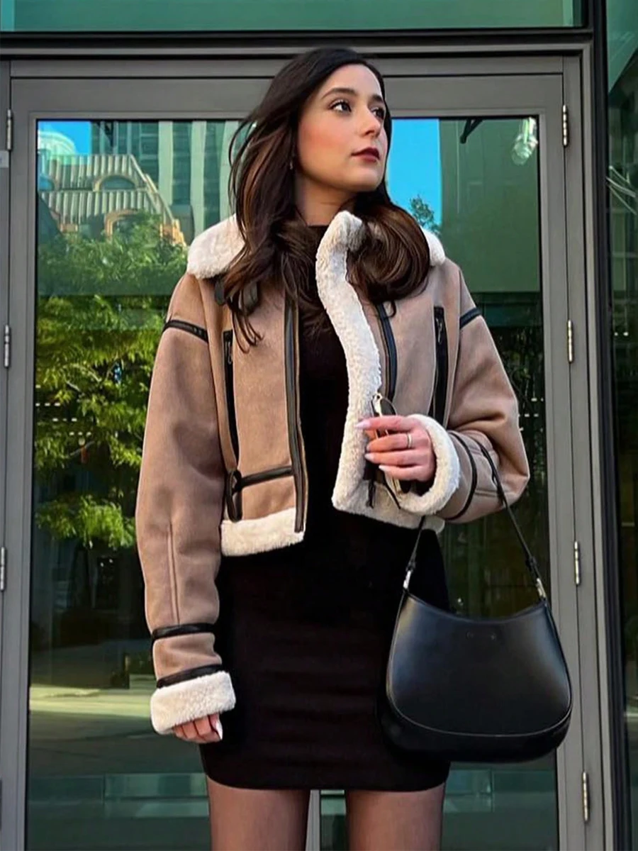 Vintage Quilted สั้นเสื้อแจ็คเก็ตฤดูใบไม้ร่วงฤดูหนาวหนาเปิดลงปกผู้หญิง Cropped Jacket เข็มขัด Faux Lamb Fur Coat High Street