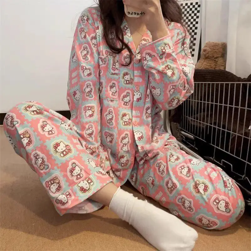 

Sanrio Hello Kitty женские пижамные комплекты для сна Kawaii мультфильм студенческие осенние брюки с длинными рукавами одежда для сна с лацканами домашняя одежда новая
