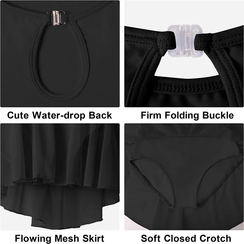 Collant de balé para meninas, vestido de dança de ginástica com contorno e botão dobrável, gota de água, costas vazadas e saia de malha