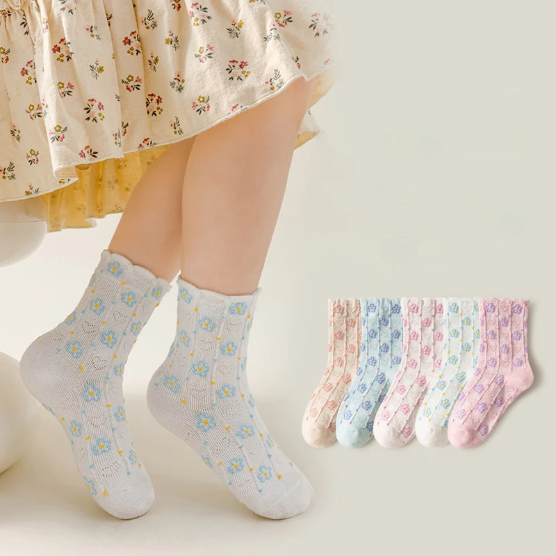 

5Pairs Girls Floral Socks Autumn Autumn Kids Middle Tube Sock Princess Baby Footwear Thicken Warm Children Cotton Socks 1-12Year