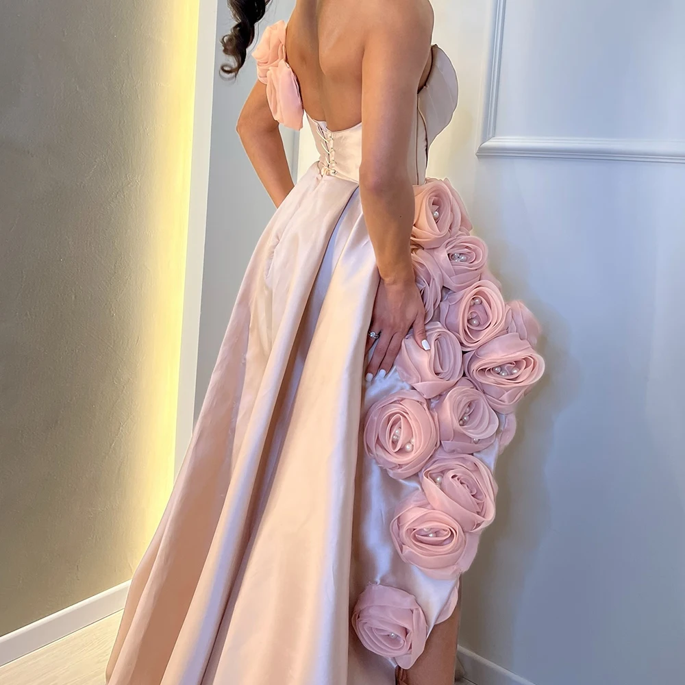 Customized Baby Pink Satin 3D Flowers and Pearls Evening Dress with High-Low One Shoulder Lace Up Back Sweetheart Party Dresses