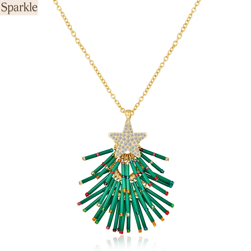 

Zircon High-End Christmas Tree Pendant Necklace Christmas Set Unique Star-Shaped Pendant Elegant Statement Jewelry for Festive