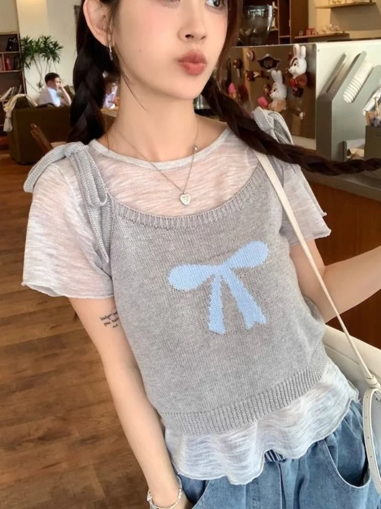 Y2k Harajuku Sweet T Shirts for Women Short Sleeve Solid Color Tops Tees Bow Jacquard Knit Tank Two Piece Set Casual Clothing