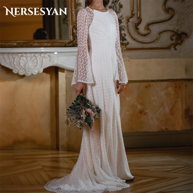 Nersesyan Vintage Lvory Tulle Wedding Gown Long Sleeves O-Neck Pleated Bridal Dresses Sexy A Line Draped 2023 Vestidos De Novia