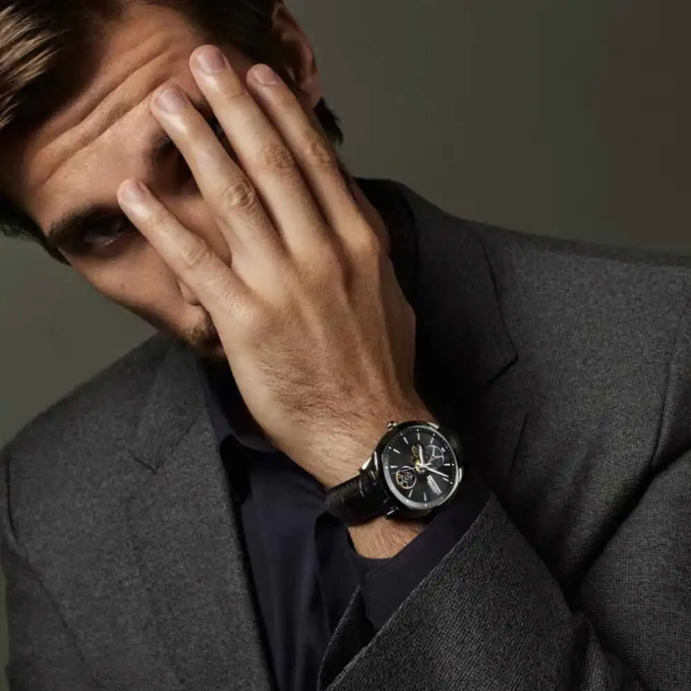 LOBINNI L5018 ساعة ميكانيكية للرجال 42 ملم حركة أوتوماتيكية زجاج كريستال الياقوت 50 متر مقاومة للماء ساعة هيكل عظمي جلدية