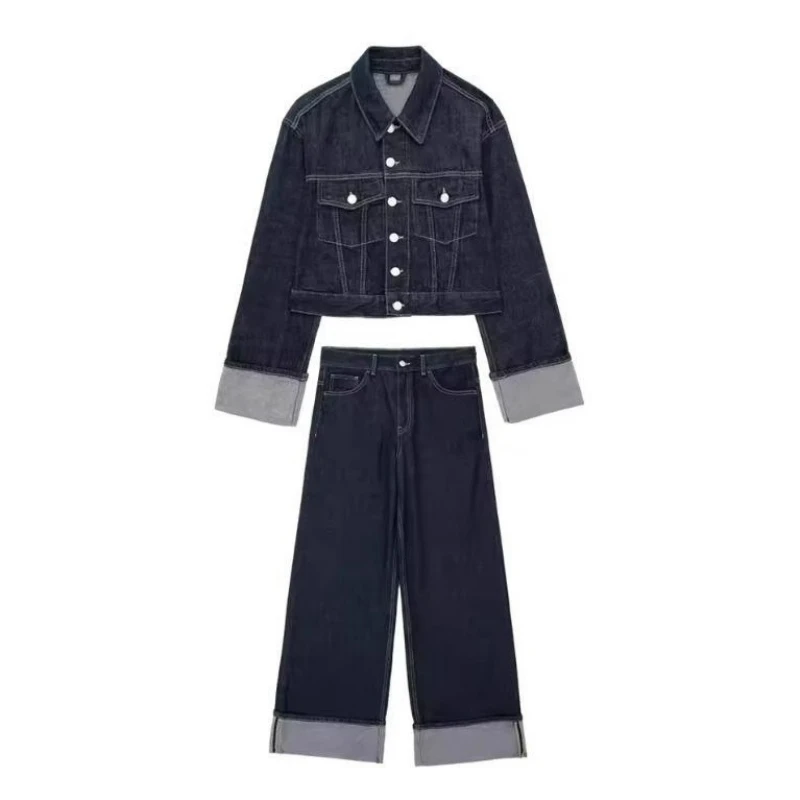 

European and American Women Clothing INS Popular Denim Jacket Jacket Flared Hemming Pants Suit Temperament Fashionable Delicacy