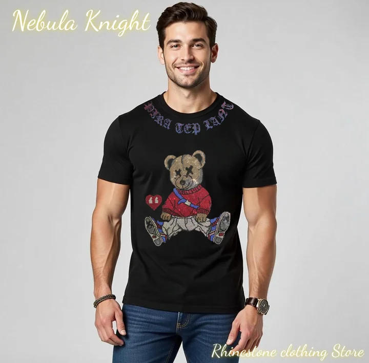 Luxury Bling Rhinestone Men T Shirt Cotton Round Neck Casual Short Sleeve Summer Daily Basic Wear Male Tops